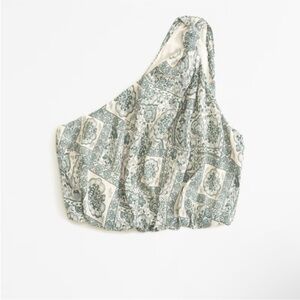 Abercrombie One-Shoulder Crinkle Textured Set Top in Green Tile Pattern